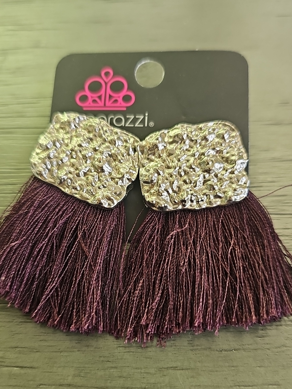 paparazzi Silver Textured Top with Plum Fringe Post Earrings